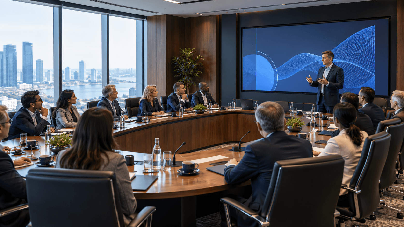 Executive summit around a horseshoe table-2